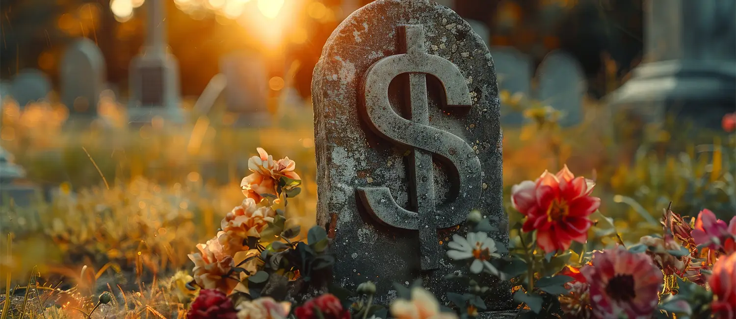 Deal toy represented as a financial tombstone featuring a $ symbol on a stone surface