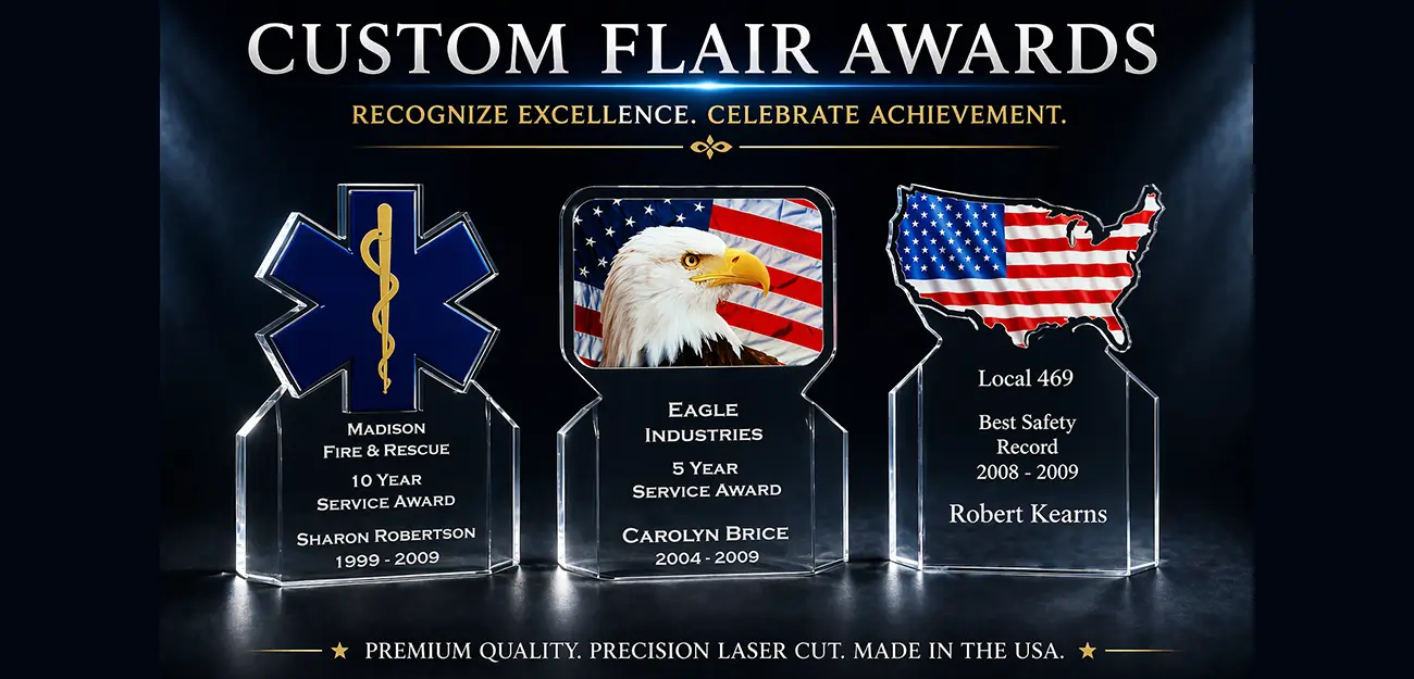 acrylic flair awards - custom by Clear Image, Inc.